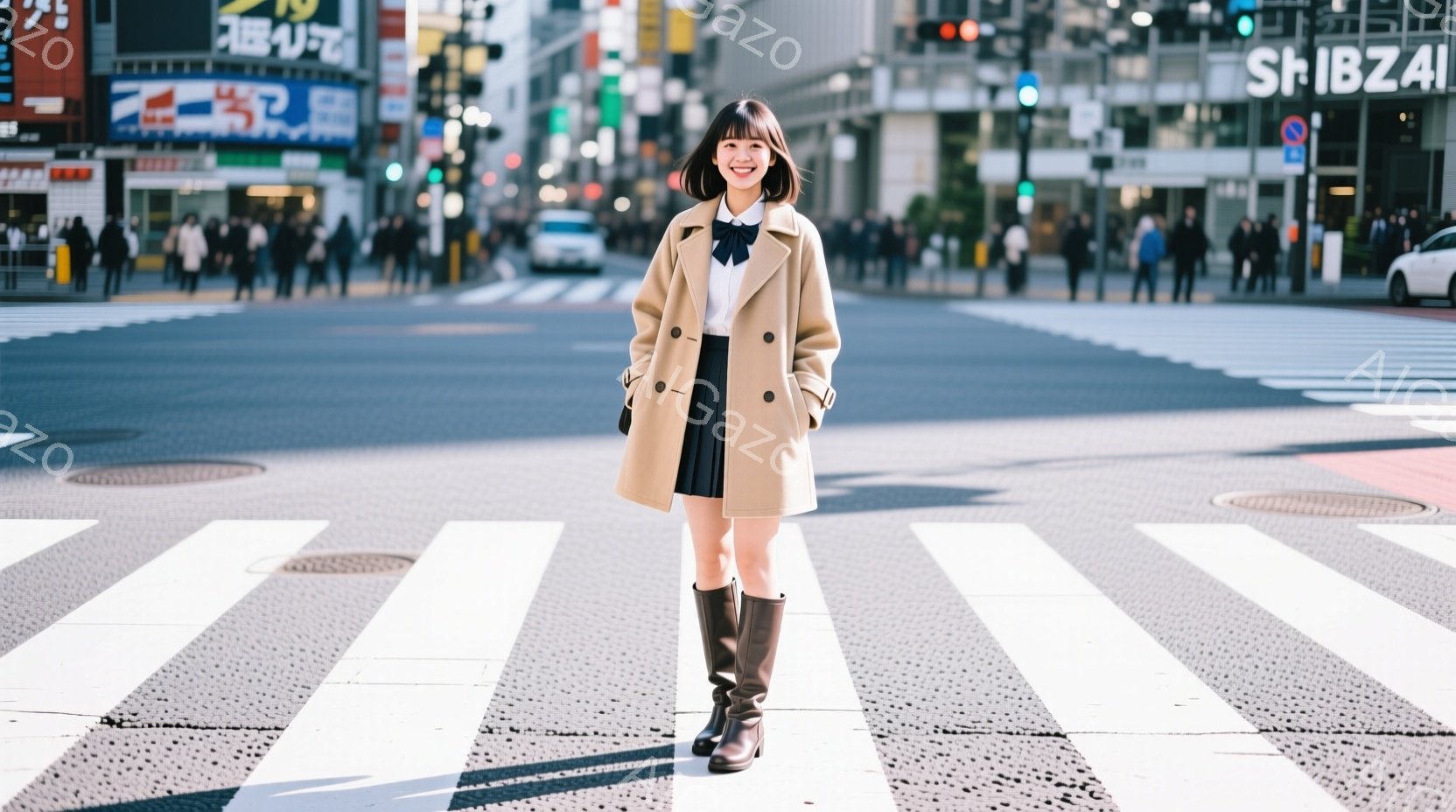 若い女性が横断歩道の中央に立っており、ベージュ色のコートと黒いスカート、ロングブーツを着用しています。彼女は微笑んでおり、髪は短く、前髪があります。背景には高層ビルが立ち並び、多くの歩行者と車両が見え - AI生成フリー素材