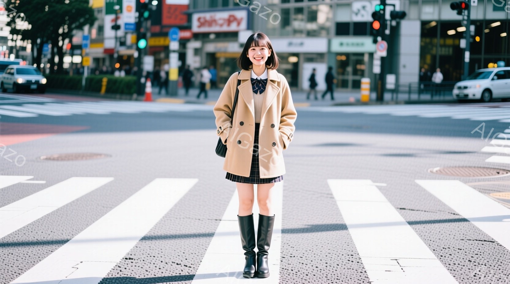 若い女性が横断歩道でポーズをとっています。ベージュ色のオーバーサイズコート、白いシャツ、チェック柄のスカート、黒いニーハイブーツを着用し、肩には小さなショルダーバッグをかけています。背景には建物や信号機が見え、晴れた日の賑やかな街並みが広がっています。