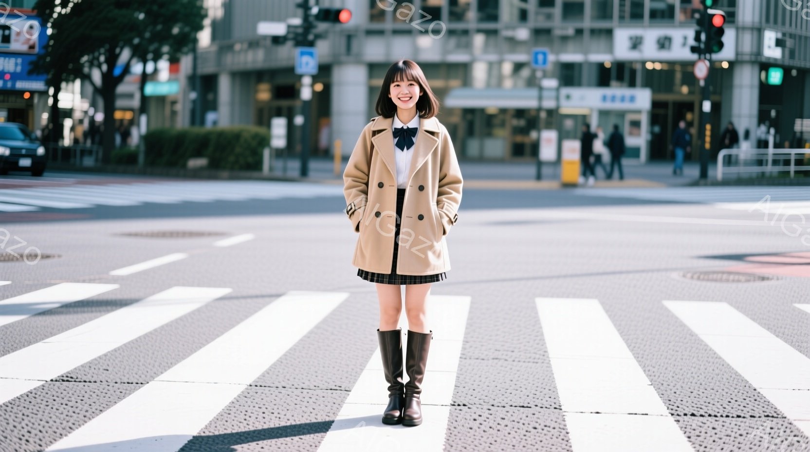 この女性は、チェック柄のスカートと白いシャツに、ベージュのコートを羽織っています。髪は前髪を下ろしたボブスタイルで、笑顔で正面を見ています。背景には横断歩道と、高層ビルや信号機が見え、晴れた日の街並み - AI生成フリー素材