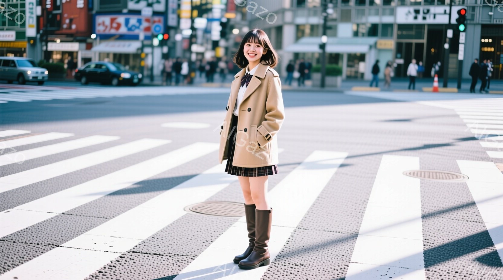 若い女性が、チェック柄のスカートとベージュのコート、膝丈のブーツを着用して、横断歩道の中央に立っている。彼女は微笑んでおり、前髪を少しふりわけた茶髪が印象的だ。背景には、交通量のある都市の通りと、高層 - AI生成フリー素材