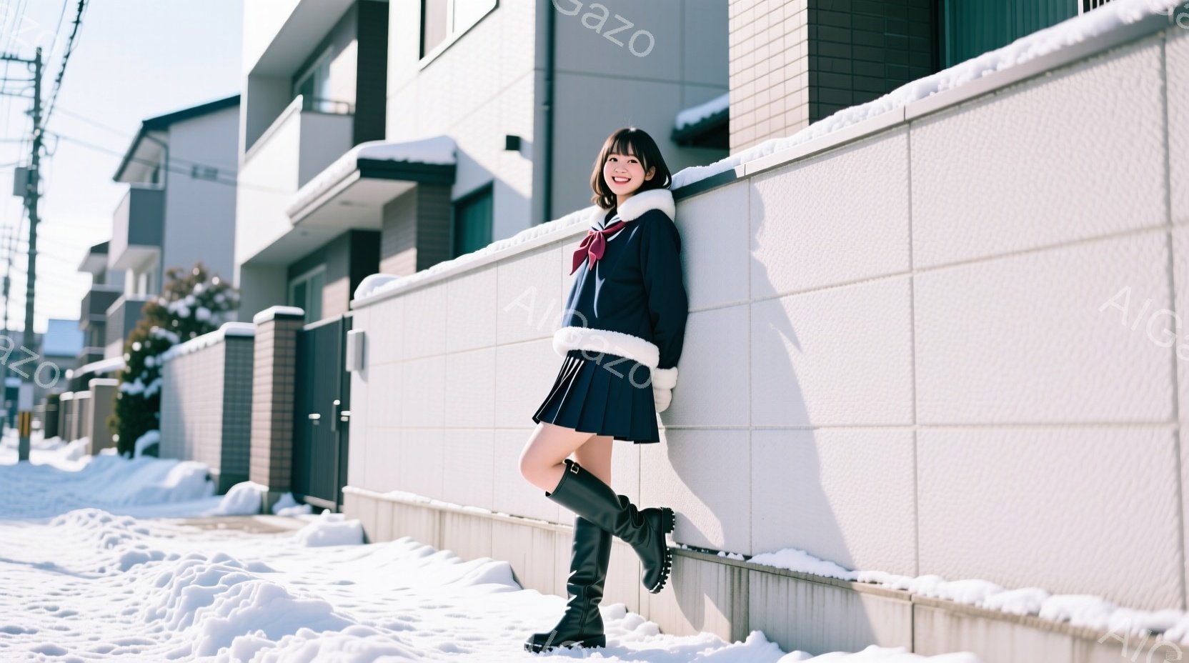 少女は白い壁に寄りかかり、微笑んでいます。紺色のセーラー服に膝丈のスカート、黒いブーツを履いており、髪は肩までの長さで、前髪は少しふさふさしています。背景は雪に覆われた住宅街で、日差しが強く、冬の晴れた日の穏やかな雰囲気を伝えています。