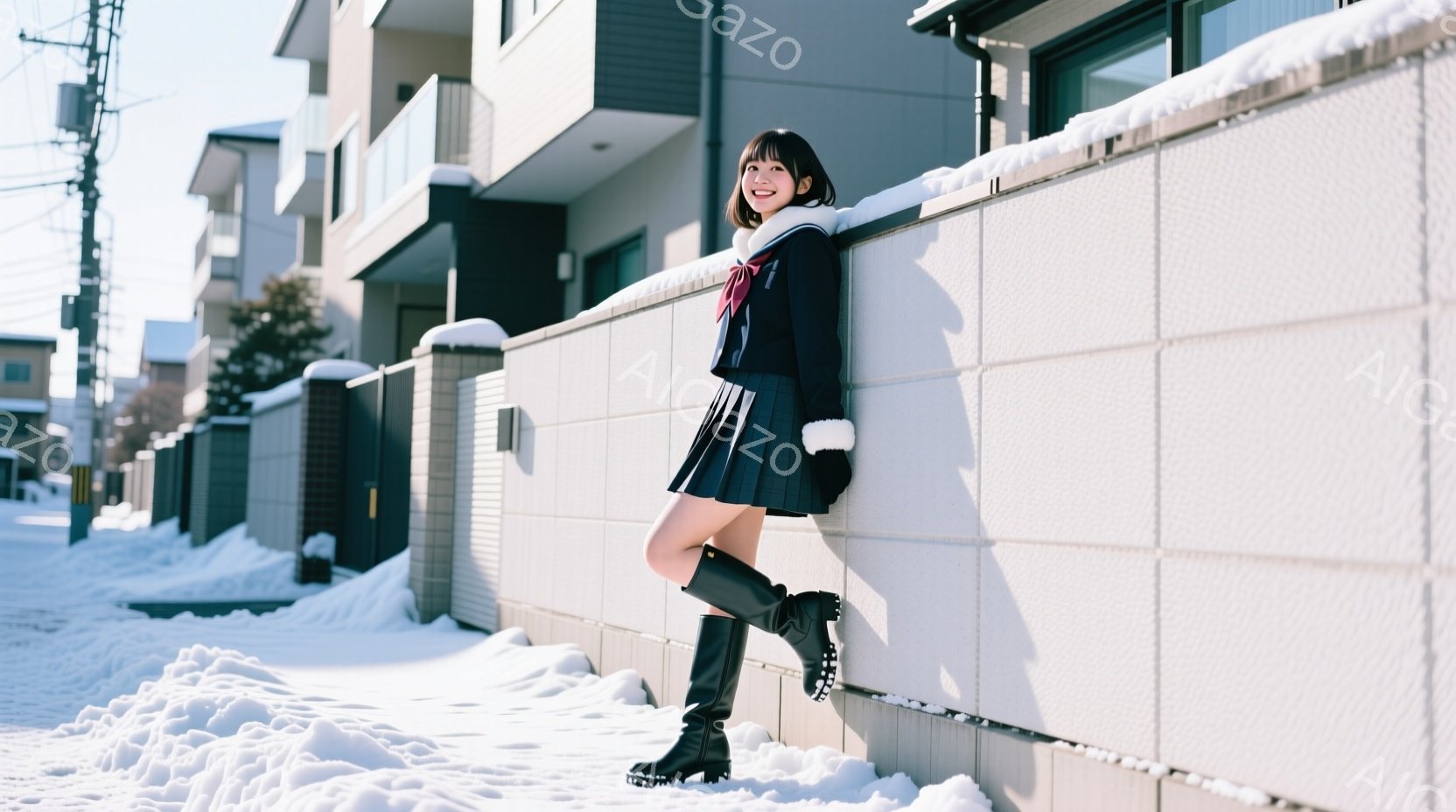 白いブロック塀にもたれかかった少女が写っている。紺色のブレザーとプリーツスカート、黒いロングブーツという制服姿で、明るい笑顔を見せている。背景には雪に覆われた住宅街が広がり、冬の晴れた日の穏やかな雰囲気が漂っている。