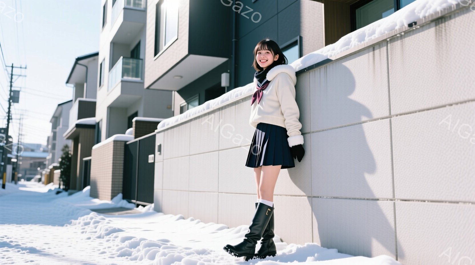 雪が積もった住宅街で、セーラー服姿の若い女性が壁にもたれて立っている。彼女は黒いロングブーツと手袋を着用し、明るい笑顔を浮かべている。背景には白い壁の家々が並び、冬の穏やかな雰囲気が漂っている。 - AI生成フリー素材