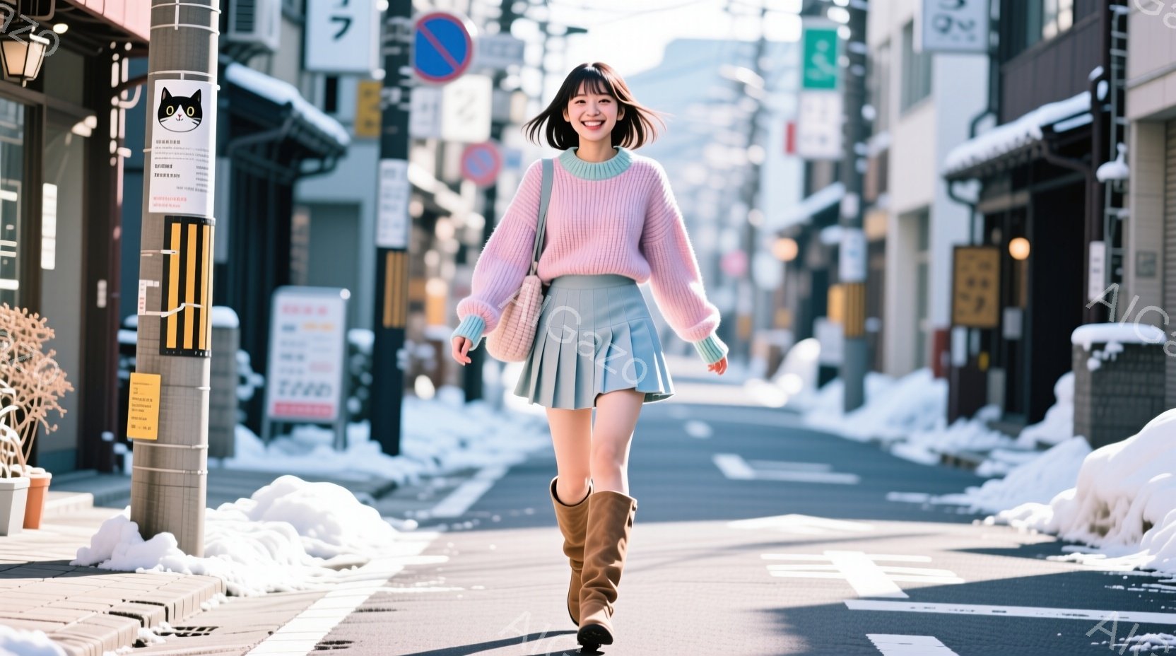 明るいピンク色のセーターに水色のスカートを合わせた女性が、雪が積もった街路を歩いている。彼女は茶色のブーツを履き、微笑みを浮かべながら、リラックスした姿勢で前を見ている。背景には伝統的な建物と雪景色が - AI生成フリー素材