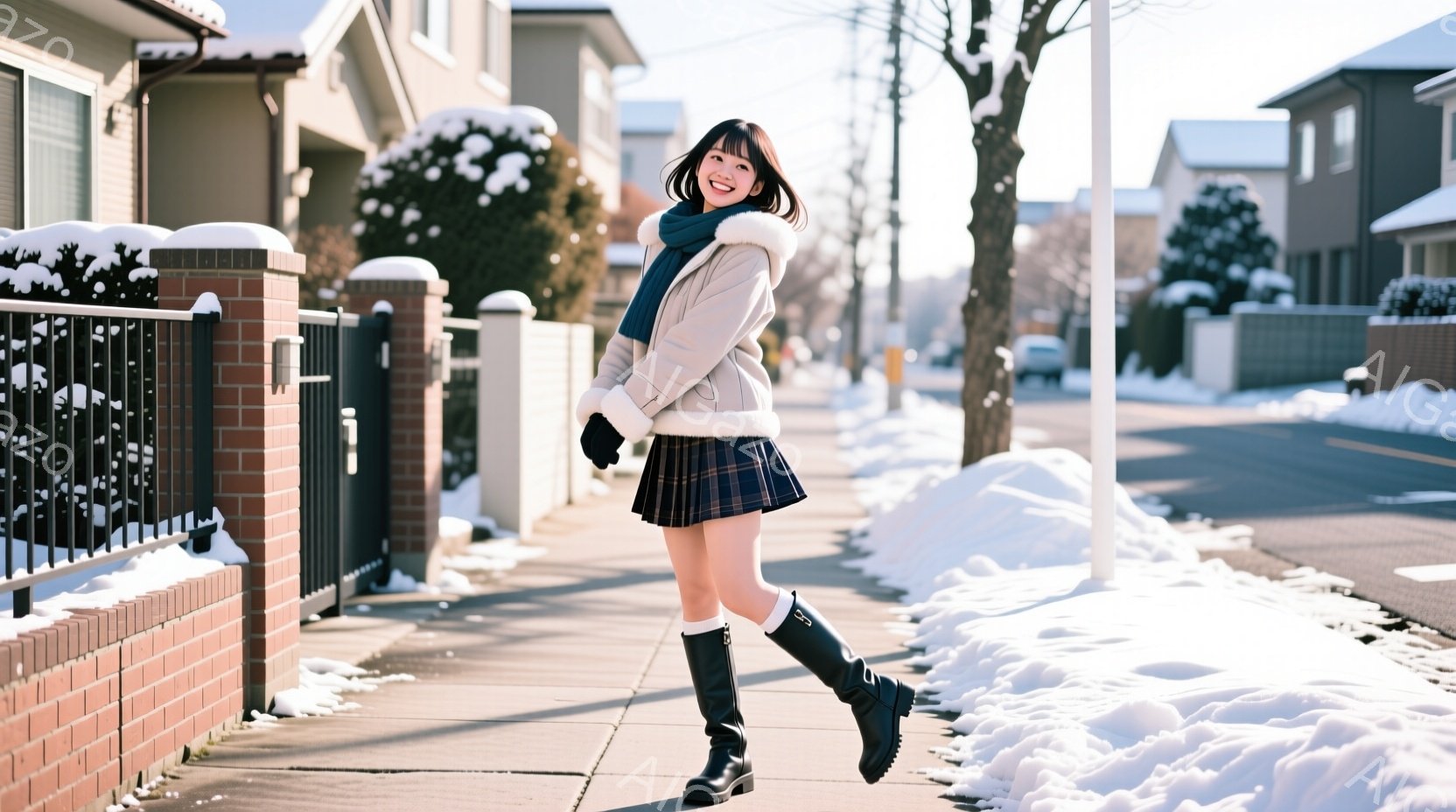 雪が積もった住宅街の歩道で、若い女性が立っている。彼女はチェックのプリーツスカート、白いファー付きのジャケット、黒いブーツを履き、首に水色のマフラーを巻いている。笑顔で片足を少し上げており、背景には雪 - AI生成フリー素材