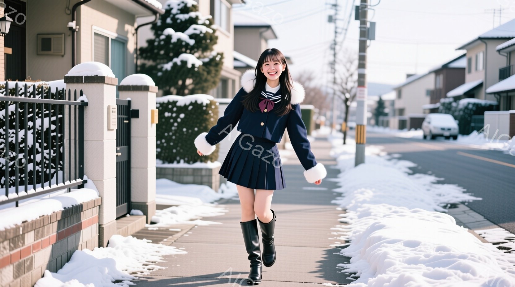 冬の住宅街を歩く女性が写っています。紺色のジャケットとプリーツスカート、黒いロングブーツを着用し、顔には笑顔が浮かんでいます。背景には雪に覆われた家々や木々が見え、冬の穏やかな雰囲気が漂っています。