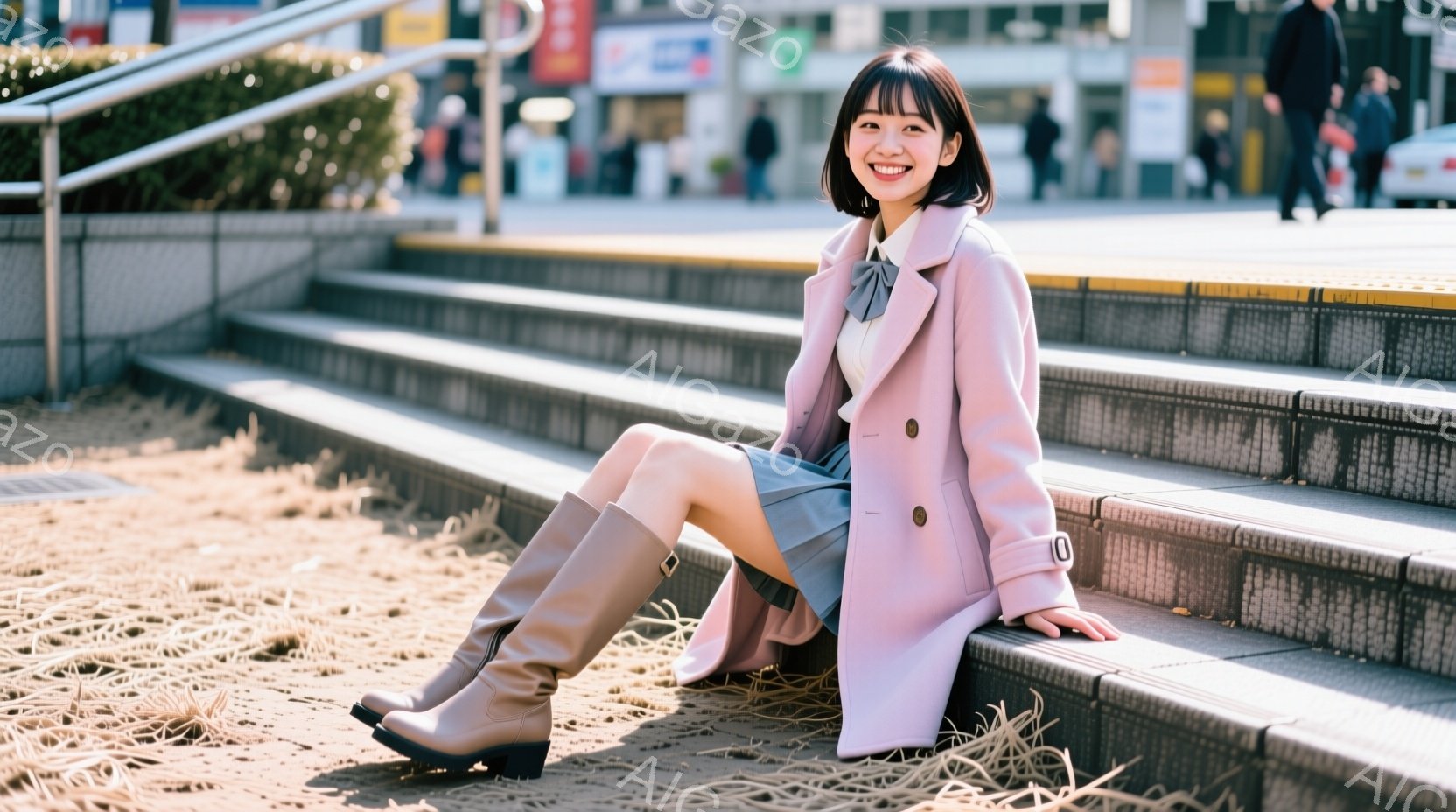 明るいピンク色のコートを着た若い女性が、石段に座ってこちらを見ている。彼女は膝を曲げ、片足を伸ばしてリラックスした姿勢で、微笑みを浮かべている。背景には建物や歩行者がぼやけており、晴れた日の都市の風景が広がっている。