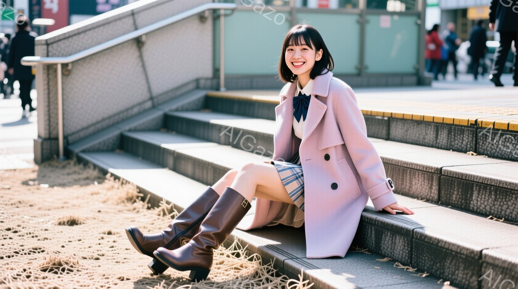 浅いピンク色のコートを着た若い女性が、石段に座ってこちらを見ている。彼女はチェック柄のスカートと茶色のロングブーツを履いており、髪は短く、笑顔で明るい表情をしている。背景には人々が歩いている様子や、コ - AI生成フリー素材