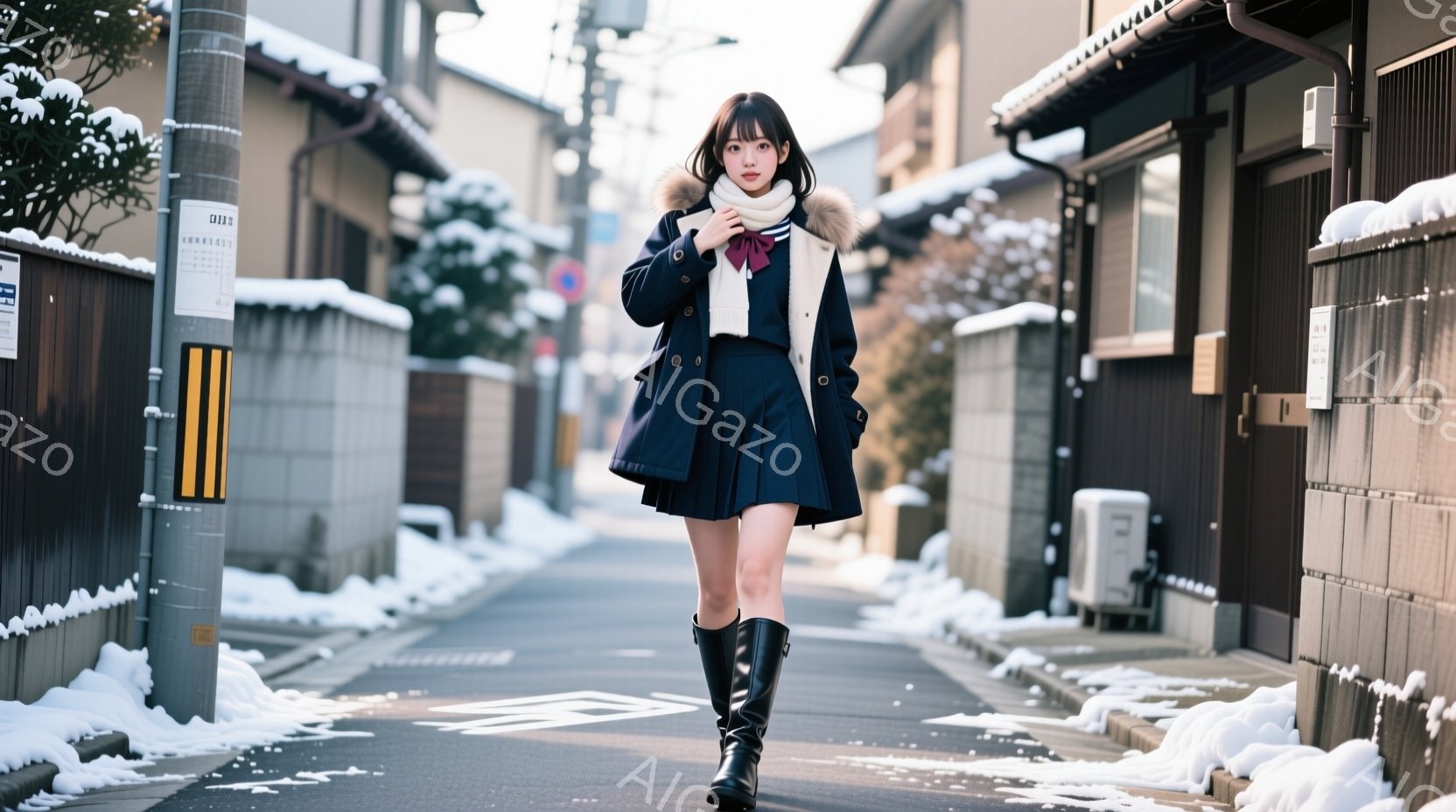 画像には、冬の住宅街を歩く若い女性が写っています。彼女は紺色の制服風のコートとスカート、黒いロングブーツを着用し、赤いスカーフを巻いています。背景には木造の家々が並び、地面には雪が積もり、冬の静かな雰 - AI生成フリー素材