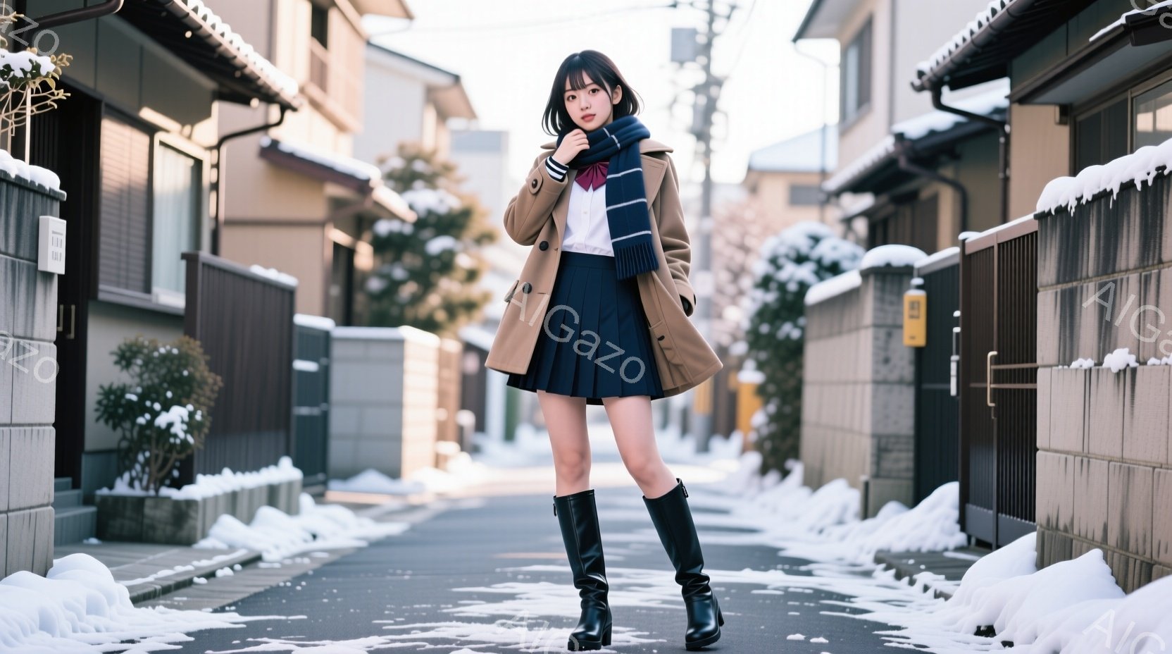 茶色のコートに紺色のプリーツスカート、黒いロングブーツを履いた若い女性が、住宅街の路地に立っている。彼女は少し微笑んでおり、片手を顎に当ててこちらを見ている。背景には雪が積もった建物と木々があり、冬の静かで穏やかな雰囲気を醸し出している。