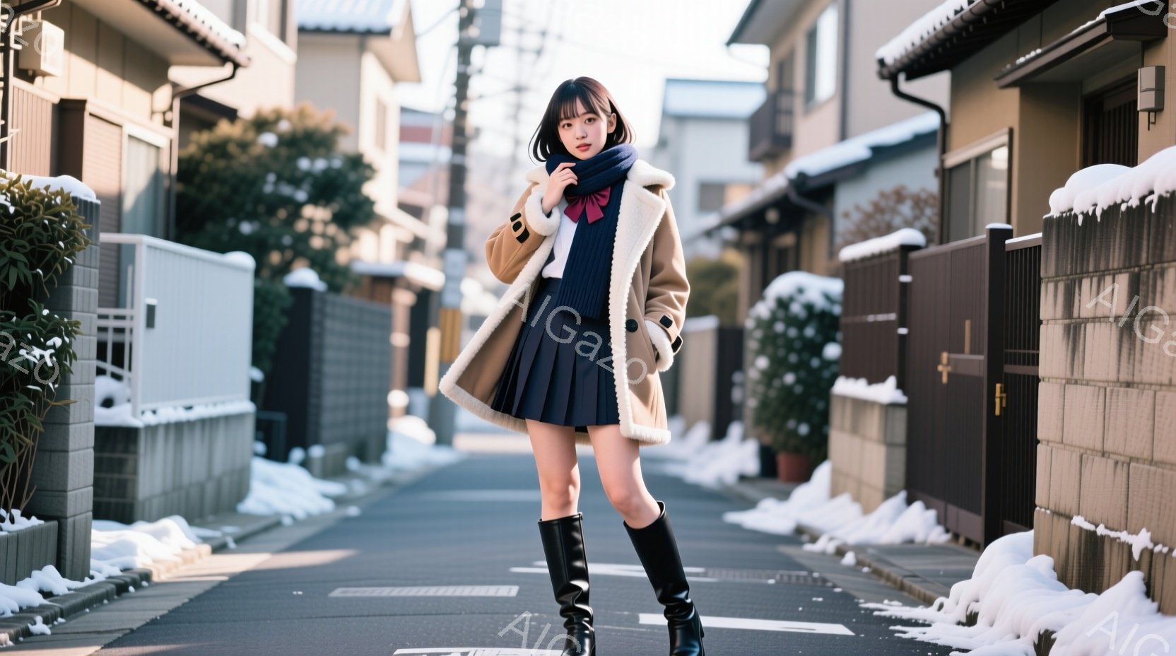 茶色の短いコートとプリーツスカートを着用した若い女性が、道路の中央に立っている。彼女は黒いニーハイブーツを履き、首に赤いスカーフを巻いている。背景には住宅が並び、道端には雪が積もり、冬の穏やかな雰囲気を感じさせる。