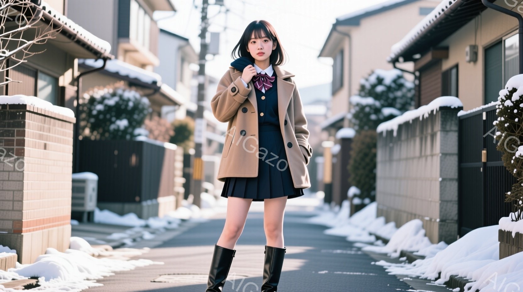 若い女性が冬の住宅街の路上に立っている。彼女は紺色のスカートとセーター、ベージュのコート、黒い膝丈ブーツを身に着けており、首に赤いリボンを結んでいる。背景には雪が積もった住宅と、うっすらと見える木々が - AI生成フリー素材