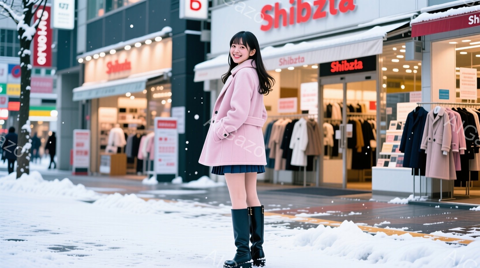 画像には、ピンク色のコートとプリーツスカートを着用した若い女性が写っています。彼女は黒いロングブーツを履き、少し後ろを向いて微笑んでいます。背景には「Shibuta」と書かれた店があり、雪が降る冬の街 - AI生成フリー素材