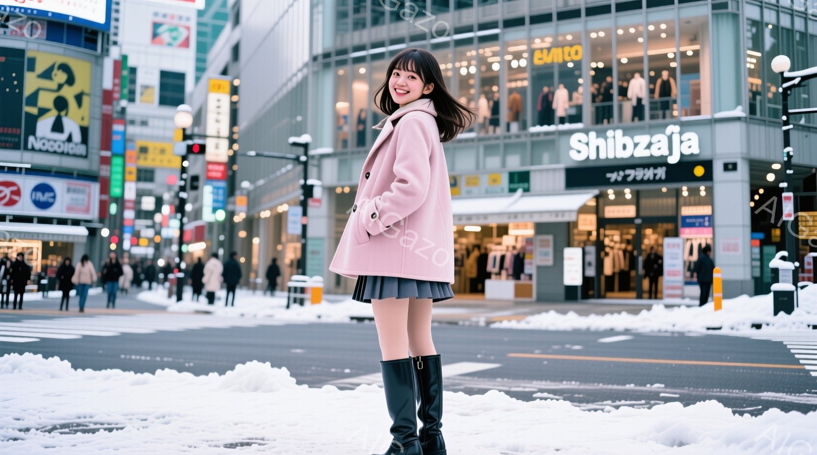 浅いピンク色のコートとプリーツスカートを身に着けた女性が、雪が積もった横断歩道でポーズをとっています。彼女は黒いロングブーツを履き、髪は肩まで伸びており、笑顔を見せています。背景には、賑やかな街並みと - AI生成フリー素材