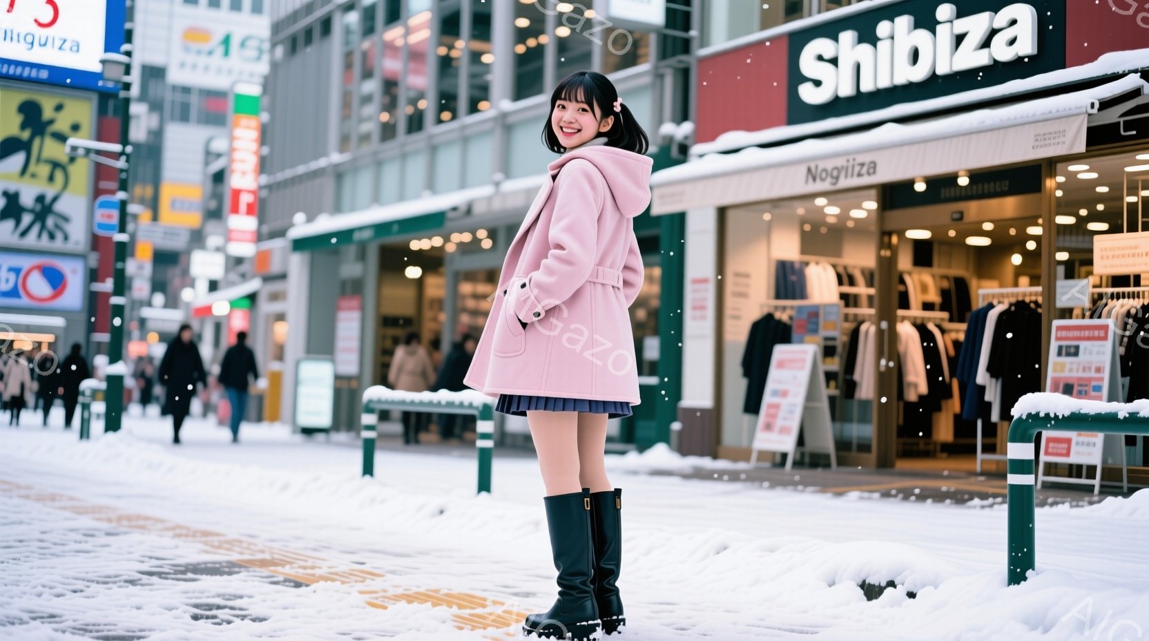 ピンク色のコートとプリーツスカートを着用した若い女性が、雪が降る街並みを背景に立っています。彼女は黒いロングブーツを履き、髪を後ろでまとめ、微笑んでいます。背景にはお店が並び、街路樹には雪が積もり、冬 - AI生成フリー素材