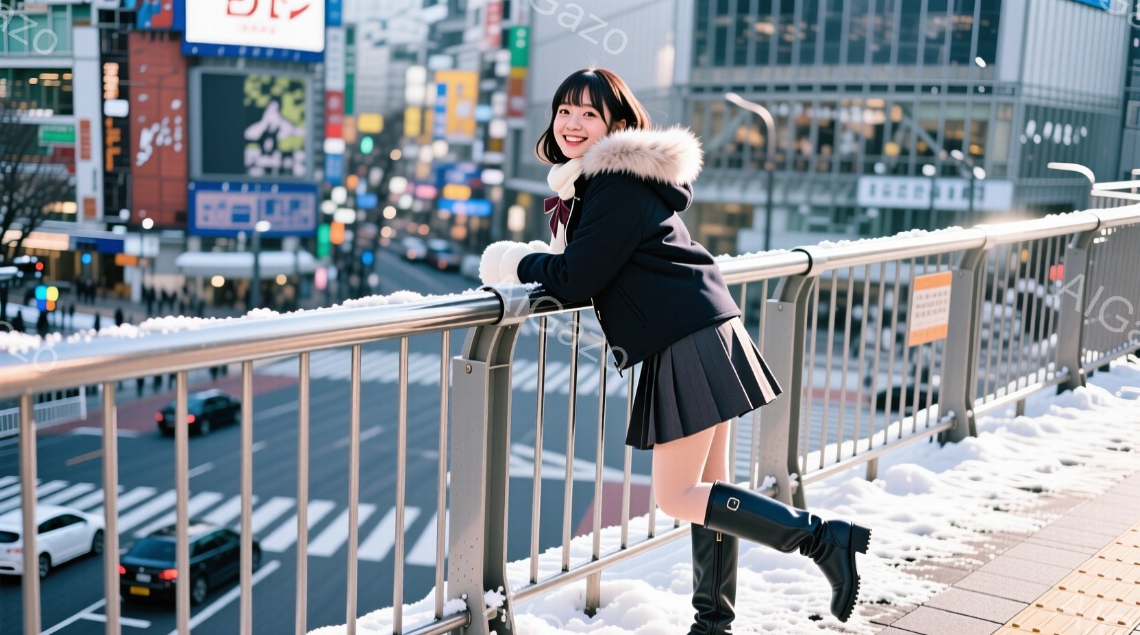 若い女性が雪の積もったガードレールのそばに立っている。彼女は黒い冬のコート、プリーツスカート、黒い膝丈ブーツを着用し、髪は下ろして顔の横に流している。背景には、賑やかな都市の風景と、雪で覆われた道路や - AI生成フリー素材