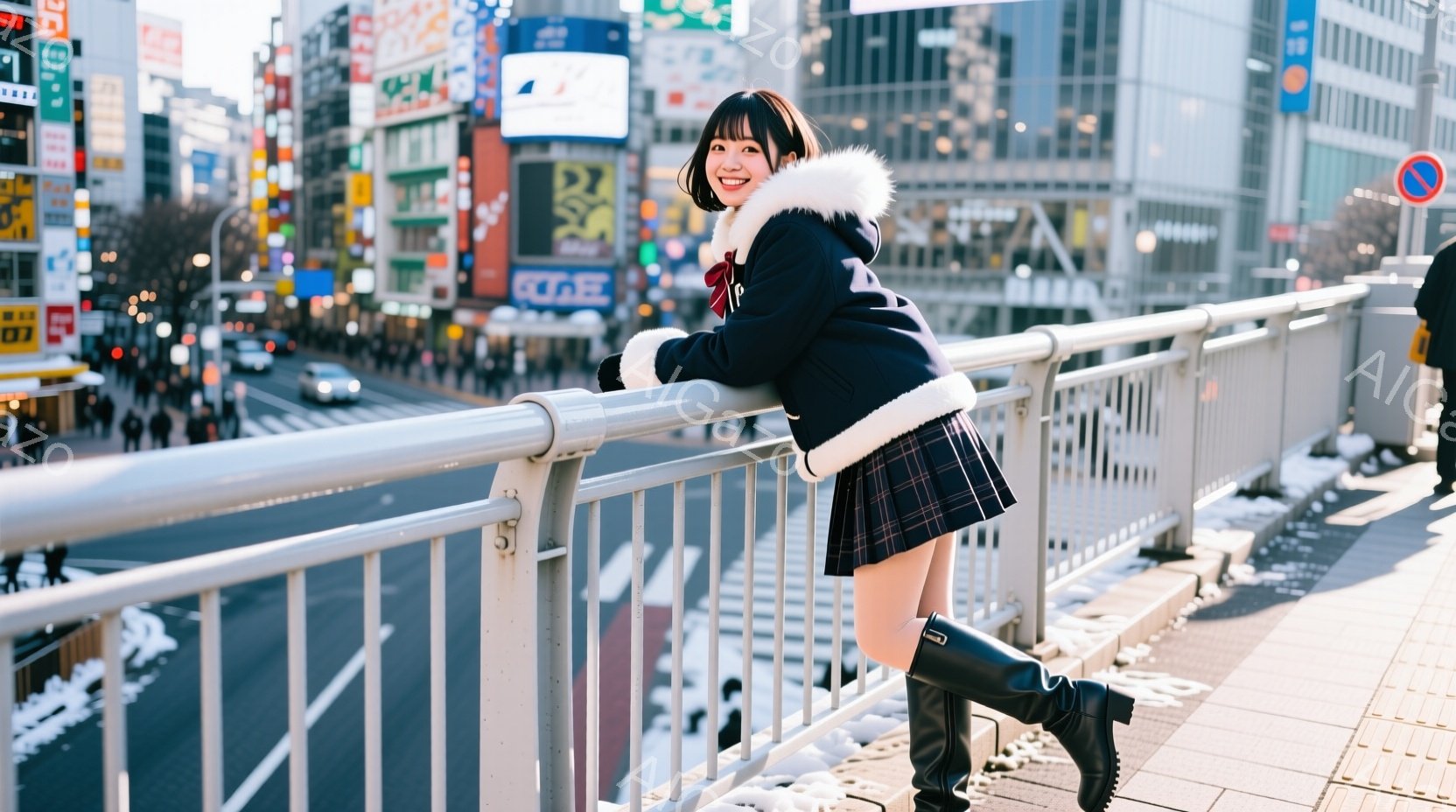 若い女性が歩道橋に寄りかかり、笑顔を見せています。彼女はチェック柄のスカート、黒いブーツ、毛皮の襟付きのジャケットを着ており、明るい茶色の髪は肩の長さで、前髪があります。背景には賑やかな街並みが広がり、多くの建物と交通量があり、歩道には雪が少し残っています。