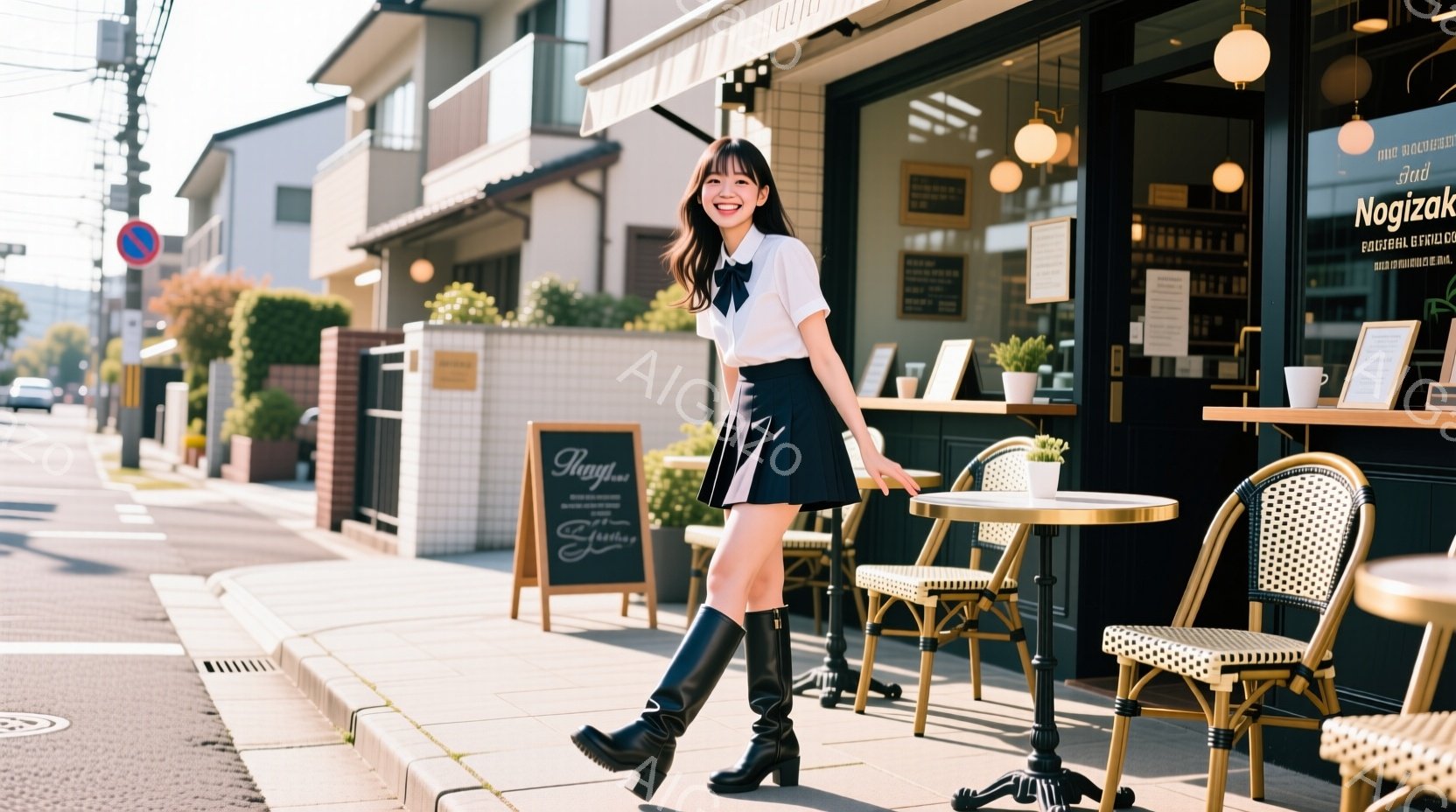 この女性は、白のシャツと黒のプリーツスカート、そして膝丈の黒いブーツを着用しており、明るい笑顔を浮かべています。彼女は歩道で片足を少し上げており、軽快な足取りで歩いているように見えます。背景にはカフェ - AI生成フリー素材