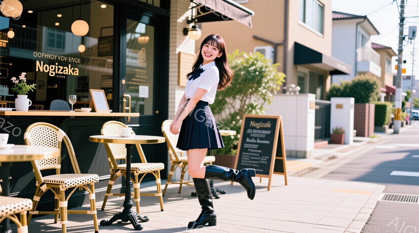 若い女性がカフェの前に立っており、紺色のプリーツスカートと白いブラウス、黒いロングブーツを着用しています。彼女は片足を少し上げており、笑顔でカメラを見つめています。背景にはカフェのテラス席、建物、そし - AI生成フリー素材