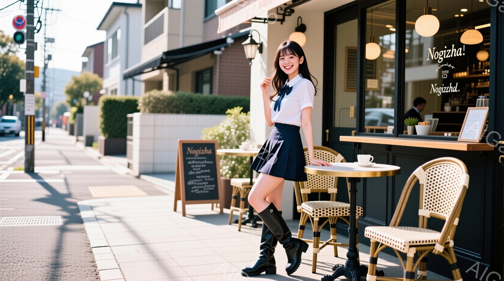 若い女性がカフェの前に立っており、白いブラウスに紺色のプリーツスカート、黒いロングブーツを履いています。彼女は少し微笑み、片手を腰に当ててリラックスした姿勢で立っています。背景にはカフェのテラス席と、 - AI生成フリー素材