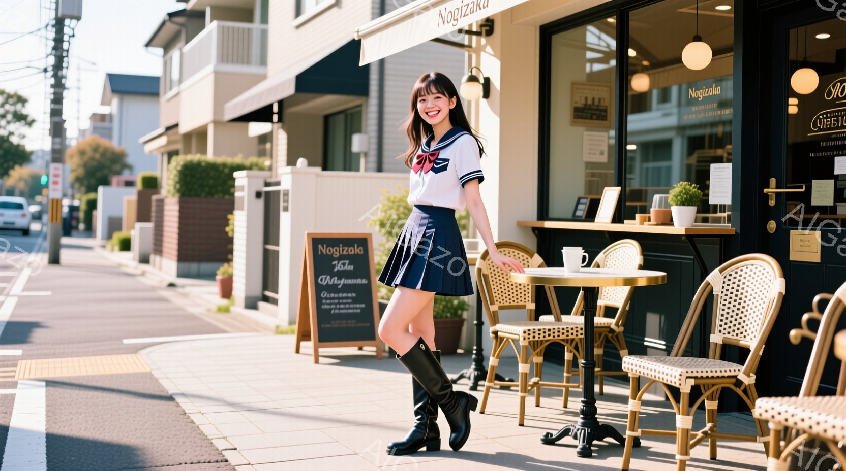 若い女性が紺色のセーラー服と黒いロングブーツを着用し、明るい表情でポーズをとっています。彼女はカフェの前に立ち、少し体を傾け、片足を前に出しています。背景にはカフェのテラス席と、木々や建物が並ぶ静かな - AI生成フリー素材