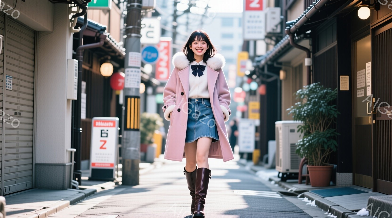若い女性が狭い路地を堂々と歩いている。彼女はピンク色のファー襟のコートとデニムのミニスカート、そしてブラウンのロングブーツを身につけ、笑顔を見せている。背景には古い建物と少しの緑があり、晴れた日の穏やかな雰囲気が漂っている。