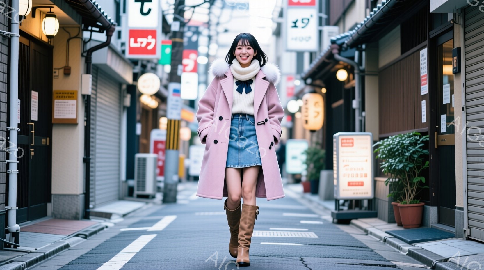 若い女性が狭い路地を堂々と歩いている。彼女はピンク色のコート、水色のデニムスカート、ブラウンのブーツを身に着けており、髪は肩まで伸びていて前髪が目にかかっている。背景には日本の古い街並みが広がり、看板や建物が密集している。