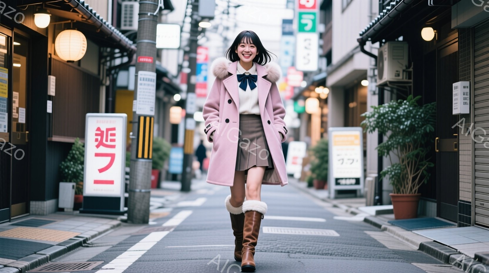 ピンク色のコートを着た若い女性が、石畳の路地を歩いている。彼女は明るい笑顔を見せ、茶色のショートブーツを履いている。背景には木造の建物が並び、植木鉢に植えられた植物が点在し、全体的に暖かい雰囲気の街並みが広がっている。