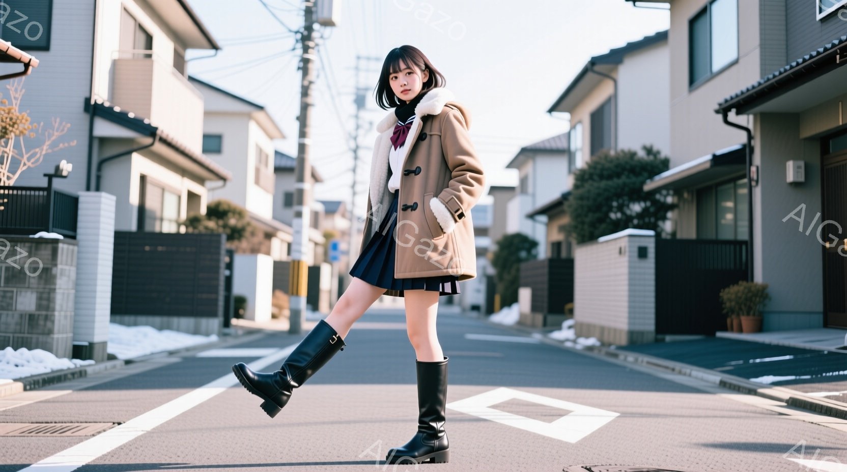 制服を着た若い女性が、住宅街の道路の中央でポーズをとっています。彼女は茶色のオーバーコート、チェック柄のスカート、黒いニーハイブーツを履いており、髪は肩まで届く長さで、前髪があります。背景には、整然と - AI生成フリー素材