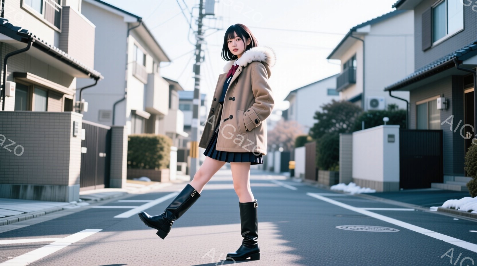制服姿の女性が、路地裏の道路でポーズをとっています。彼女は、茶色の冬用コート、チェック柄のスカート、黒い膝丈ブーツ、そして赤いリボンを身に着けています。背景には、日本の住宅街が広がっており、日差しが暖かく、穏やかな冬の日の雰囲気です。