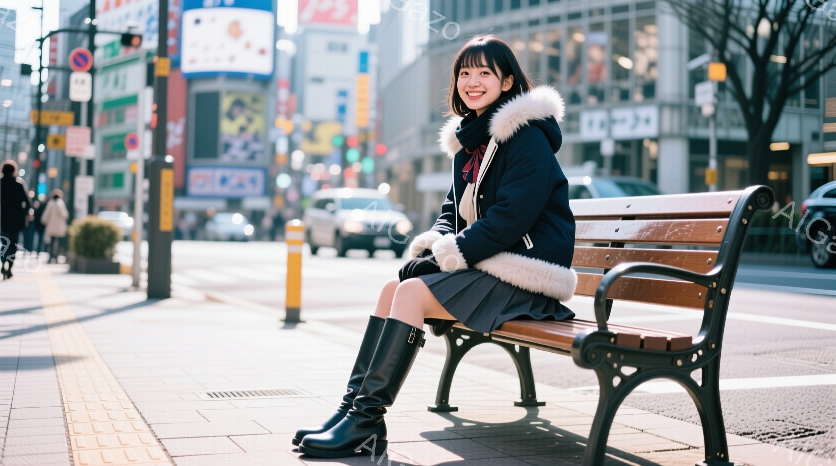 若い女性が街中のベンチに座っています。彼女は黒い冬のコート、プリーツスカート、膝丈の黒いブーツを着用し、髪はダークブラウンで肩のあたりで切り揃えられています。背景には、賑やかな街並みと、明るい晴天が広 - AI生成フリー素材