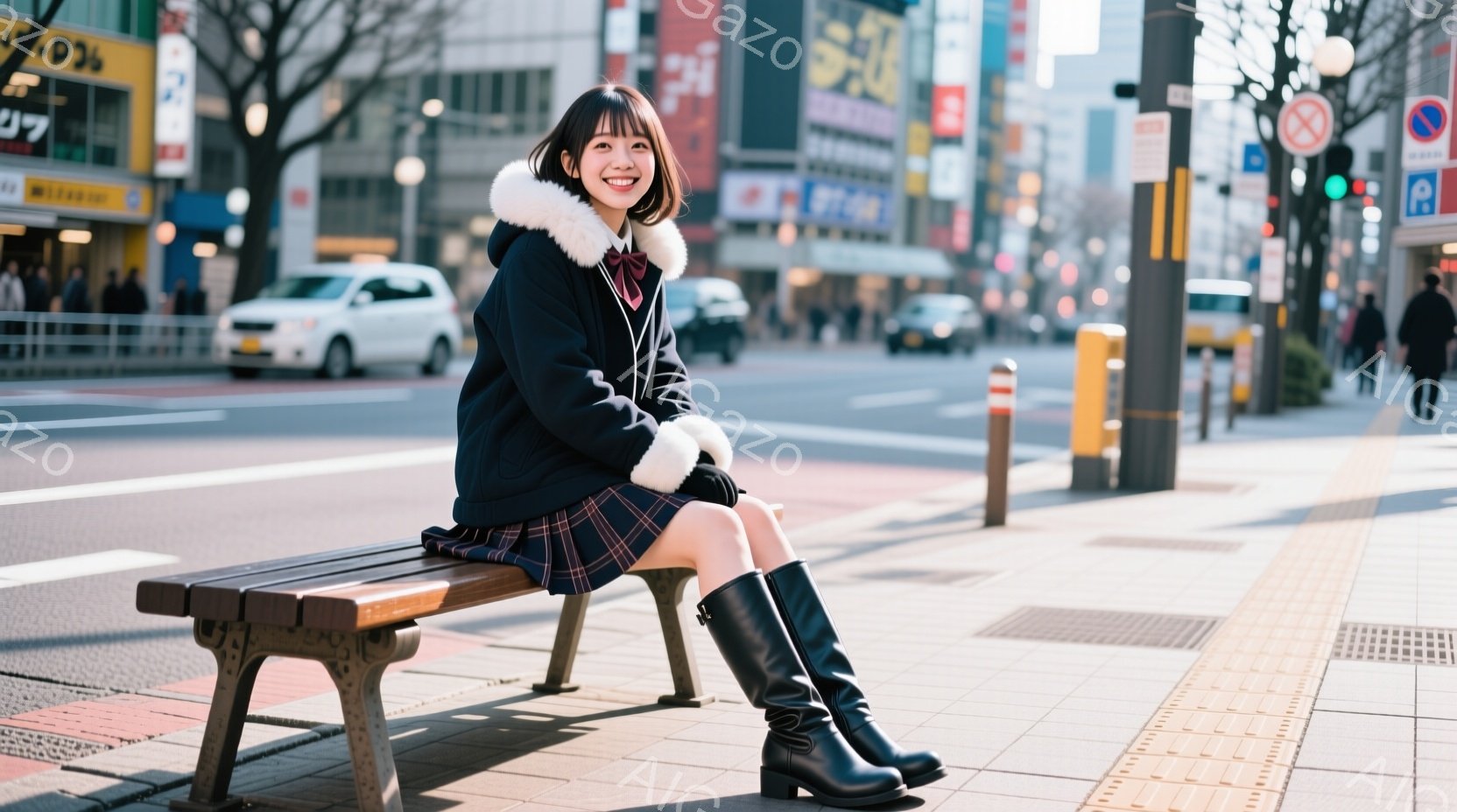 若い女性が街中のベンチに座っており、チェック柄のスカートと黒い冬用コートを着用しています。彼女は膝を曲げて座り、少し微笑んでおり、黒いブーツを履いています。背景には、交通量のある道路、高い建物、そして - AI生成フリー素材