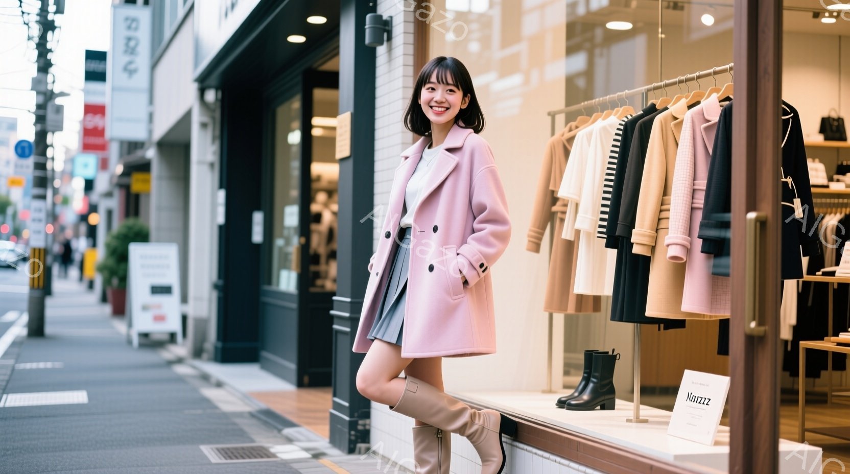 若い女性が、ピンク色のコートとグレーのスカート、黒いブーツを身に着けて、店先に立っている。彼女は微笑んでおり、リラックスした姿勢で片足を少し前に出している。背景には、ショーウィンドウに様々な洋服が並び - AI生成フリー素材