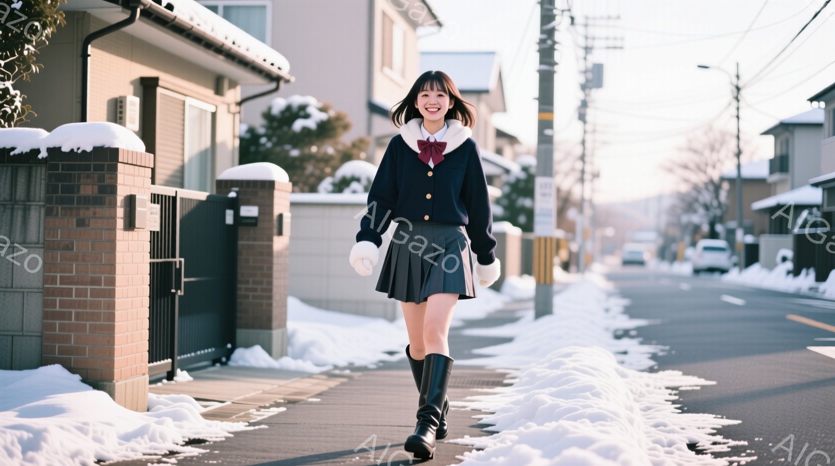 少女は冬の住宅街の道を歩いています。紺色のセーラー風ジャケットに黒のプリーツスカート、ロングブーツを履き、白い手袋と赤いリボンがアクセントになっています。彼女は笑顔で、少し上目遣いをしており、背景には - AI生成フリー素材