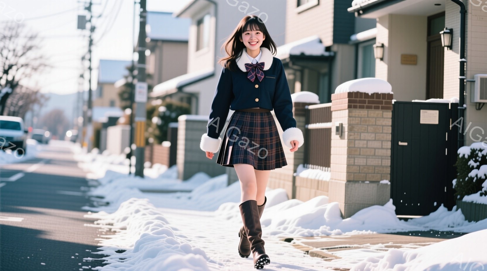 制服を着た若い女性が、雪に覆われた歩道を歩いている。彼女は濃い色のブレザー、チェック柄のスカート、そして茶色のブーツを履いており、表情は明るく微笑んでいる。背景には住宅が並び、雪景色が広がり、冬の穏やかな雰囲気が漂っている。