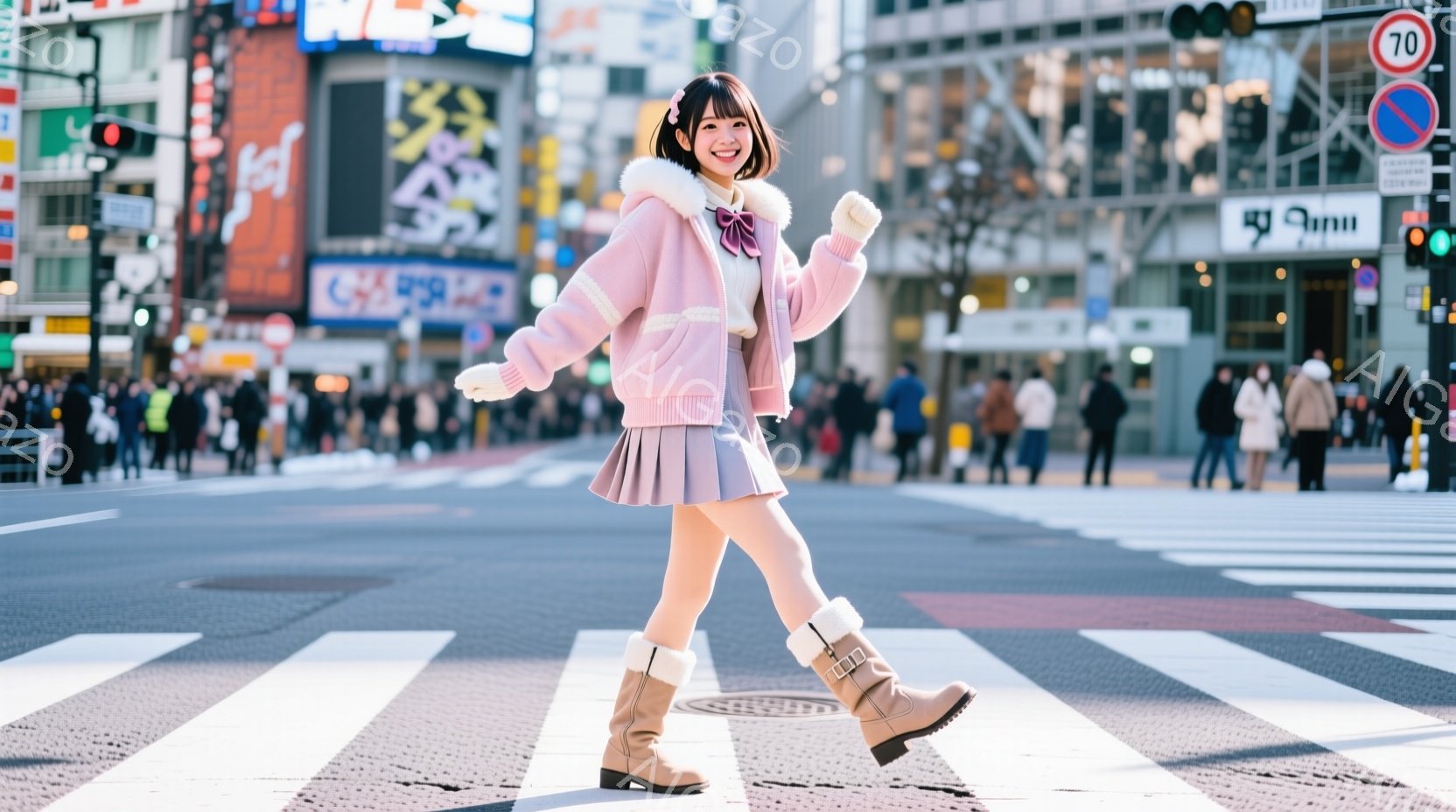 若い女性が横断歩道でポーズをとっています。ピンク色のパーカーとプリーツスカート、膝丈のブーツを着用し、明るい笑顔を見せています。背景には賑やかな街並みと多くの歩行者、そして晴れた空が広がっています。 - AI生成フリー素材