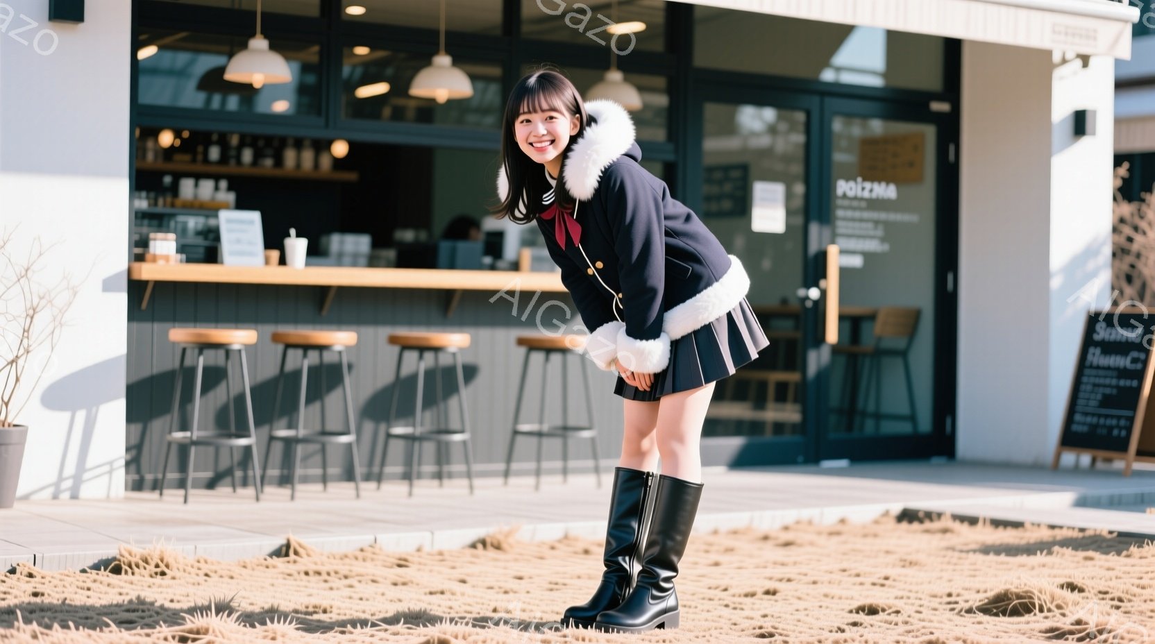 画像には、黒いブーツとミニスカート、そしてファー付きのジャケットを着た若い女性が写っています。彼女は少し体を前に傾け、両手を前に出して笑顔を見せています。背景には、カフェのようなお店と、日差しが降り注 - AI生成フリー素材
