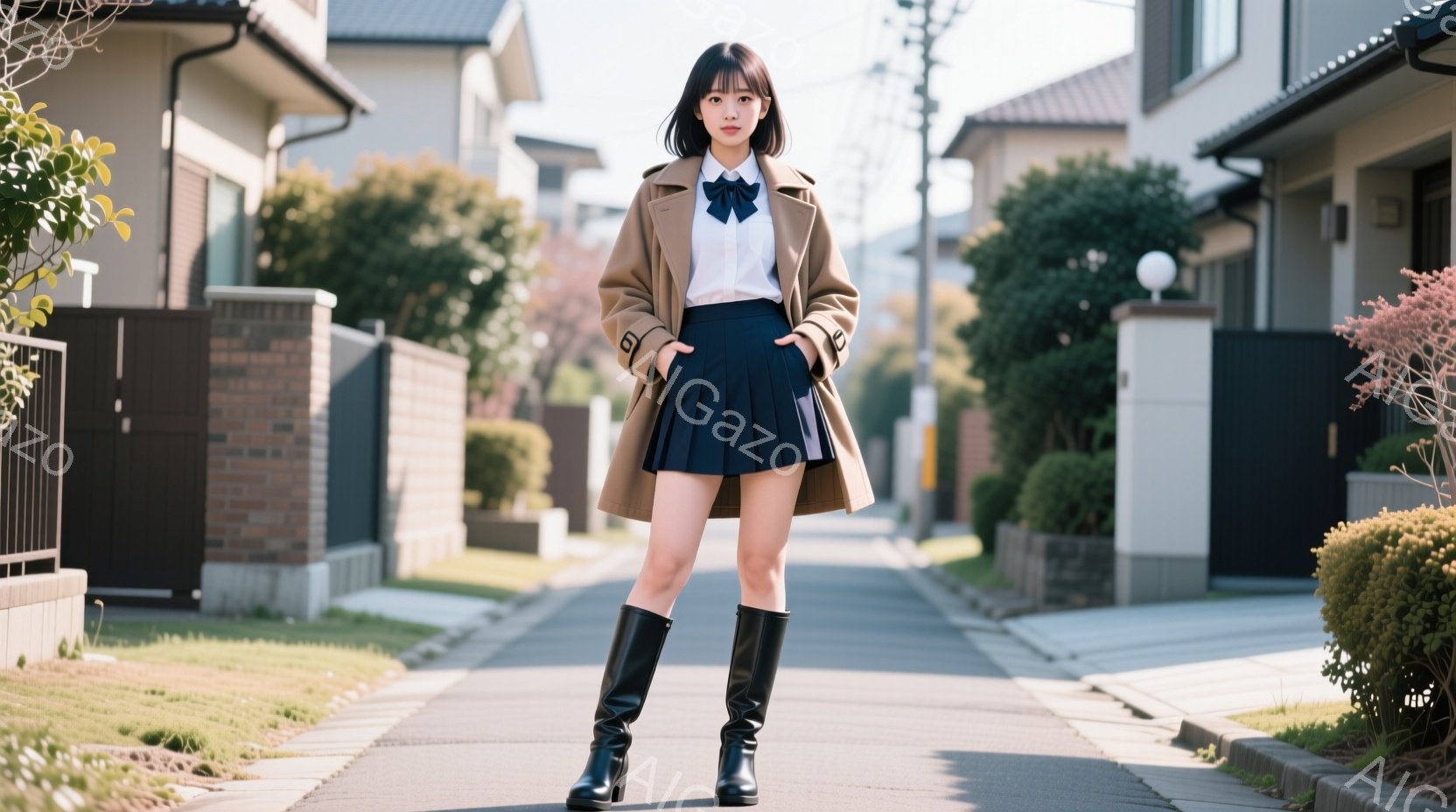 茶色のオーバーコートと白いシャツを着た若い女性が、プリーツスカートと膝丈の黒いブーツを履いて、住宅街の道に立っている。彼女は正面を向いており、少し微笑んでいるように見える。背景には整然と並んだ住宅と、 - AI生成フリー素材