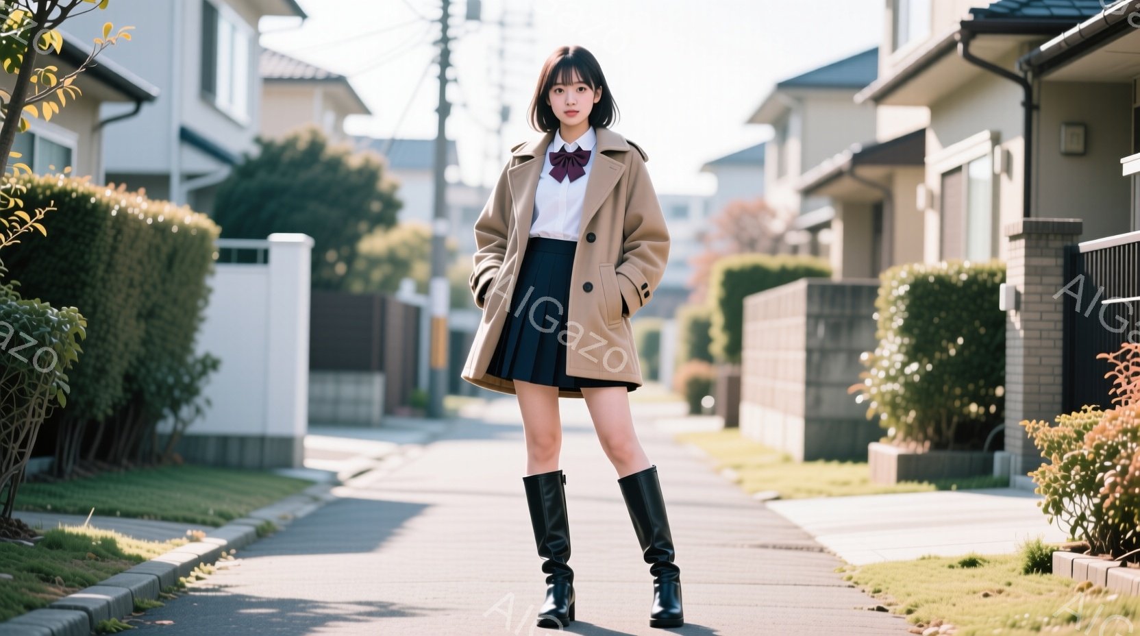茶色のオーバーサイズコートとプリーツスカート、黒のロングブーツを着用した若い女性が、住宅街の道端に立っている。彼女はストレートヘアで、前髪が目にかかるようにしており、表情は穏やかで少し微笑んでいるよう - AI生成フリー素材
