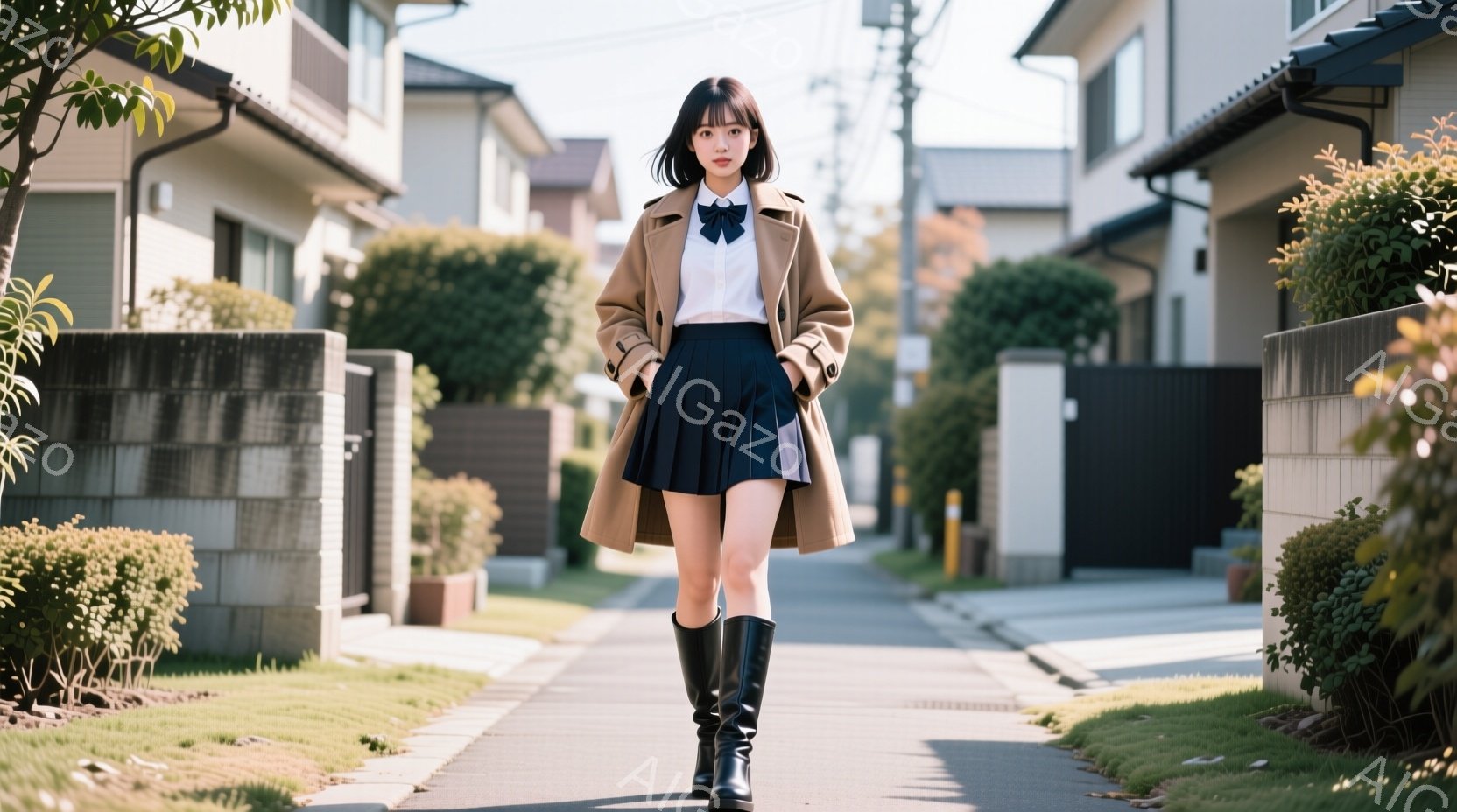 茶色のトレンチコートを羽織り、黒いプリーツスカートとロングブーツを合わせた若い女性が、住宅街の道を歩いています。彼女は前髪を揃えたダークヘアで、少し微笑んだ表情をしています。背景には整然とした住宅と緑の生垣が広がり、晴れた日の穏やかな雰囲気が漂っています。