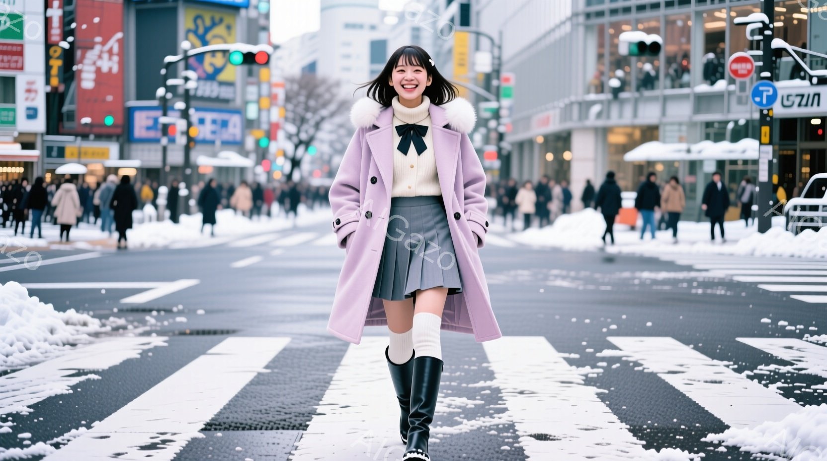 若い女性が横断歩道でカメラに向かって歩いてくる姿が写っている。彼女は薄紫色のコート、白いセーター、黒いプリーツスカート、ロングブーツを着用し、髪は肩までの長さで前髪をふさふさとした状態にしている。背景 - AI生成フリー素材