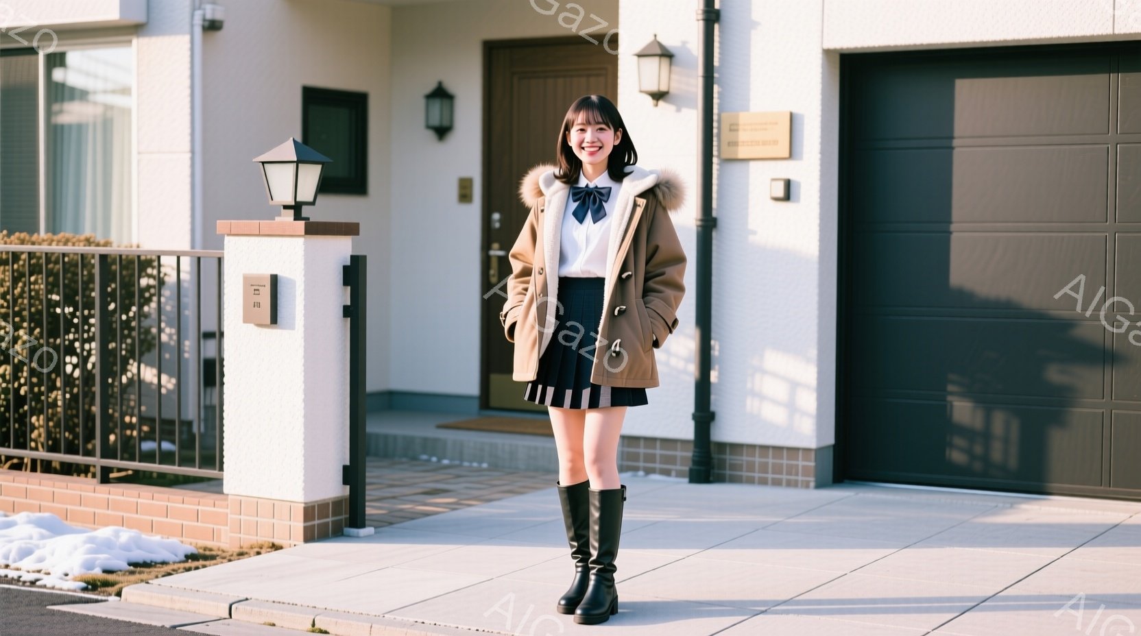 茶色のファー付きコートとチェック柄のスカートを着用した若い女性が、黒いブーツを履いて立っています。彼女は微笑んでおり、明るい日差しの中で、住宅の正面玄関前に立っています。背景には、レンガの塀と白い壁の - AI生成フリー素材