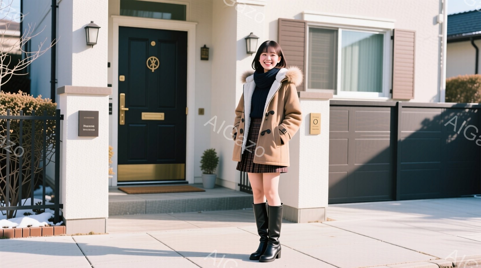 若い女性が、ベージュ色のコート、チェック柄のスカート、黒いブーツを身に着けて立っています。彼女は微笑んでおり、髪は前髪を下ろしたショートボブです。背景には、白壁の家、茶色の屋根、玄関マット、そして少しだけ見える木々があり、晴れた冬の日らしい穏やかな雰囲気です。