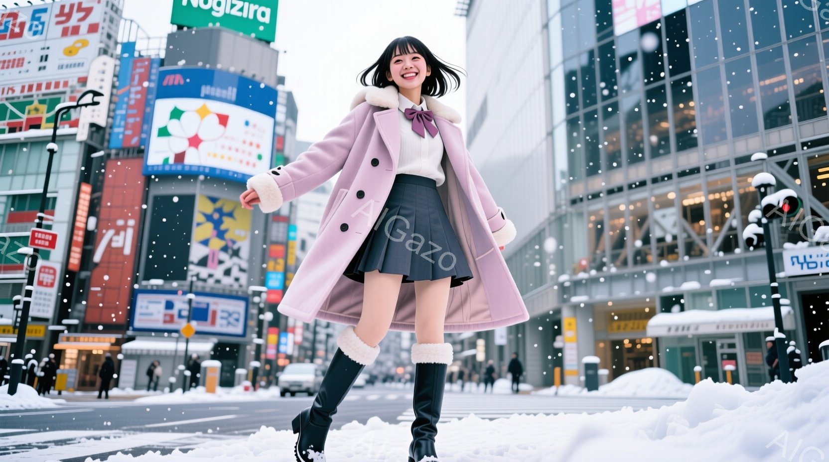 街中で若い女性が撮影されています。彼女はピンク色のコート、黒いスカート、黒いブーツを着用し、顔には明るい笑顔が見られます。背景には高層ビルが立ち並び、雪が降っており、活気のある都市の冬の雰囲気を醸し出 - AI生成フリー素材