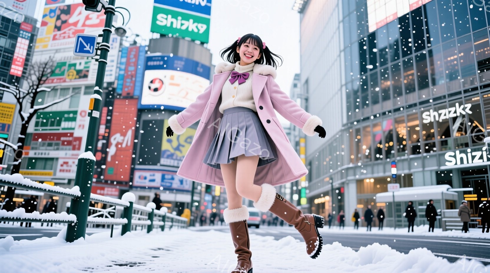 雪が降る街中で、ピンク色のコートと灰色のスカートを身につけた若い女性が、片足を上げて楽しそうに歩いている。彼女は明るい笑顔を浮かべ、茶色の髪を軽く巻いており、ブーツを履いている。背景には高層ビルが立ち - AI生成フリー素材