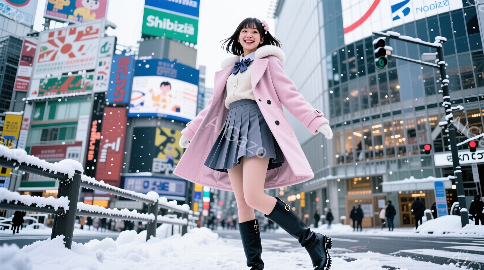 ピンク色のコートと黒のスカートを身につけた若い女性が、雪が降る街路を歩いている。彼女は少し微笑んでおり、明るく元気な印象を与える。背景には高層ビルが立ち並び、広告や看板が賑やかで、冬の都会の風景が広が - AI生成フリー素材