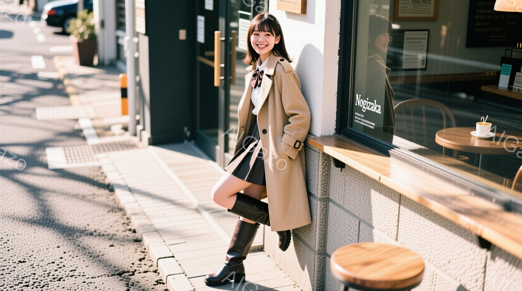 女性はベージュ色のトレンチコートと黒い膝丈ブーツを身に着け、笑顔でカフェの壁に寄りかかっています。彼女はダークカラーのスカートと白いシャツを着ており、髪は肩まで伸びた長さで、前髪が少し流れています。背 - AI生成フリー素材