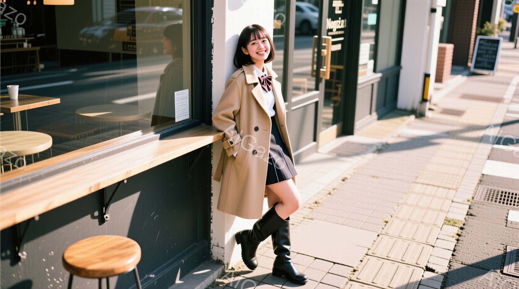 若い女性が、カフェの壁にもたれて立っている。彼女はベージュのトレンチコート、プリーツスカート、黒いブーツを履いており、髪は肩までの長さで、前髪は少しカールしている。背景にはカフェの窓と、明るい日差しの - AI生成フリー素材