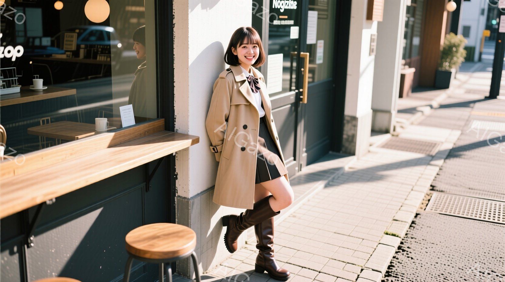 女性はベージュのトレンチコートと黒のスカート、膝丈のブーツを身に着けている。彼女はカフェの壁に寄りかかり、微笑んでおり、髪は肩まで届く長さで、前髪が顔にかかっている。背景にはカフェの大きな窓、木製のス - AI生成フリー素材