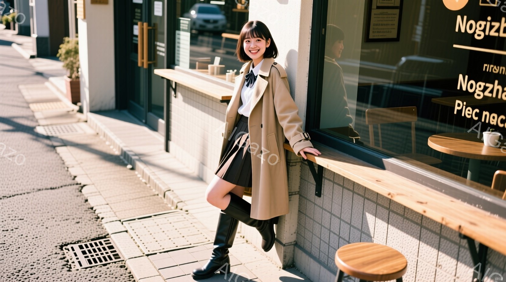 若い女性がベージュ色のトレンチコート、黒のブーツ、プリーツスカート、白いブラウスを着て、カフェの窓際に立っています。彼女は微笑んでおり、リラックスした雰囲気で壁にもたれています。背景にはカフェのテーブ - AI生成フリー素材